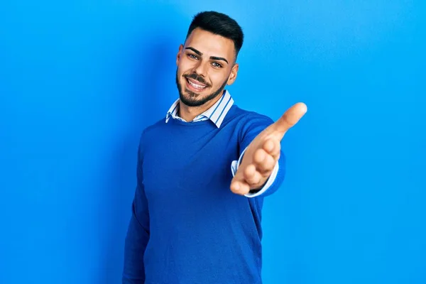 Young Hispanic Man Beard Wearing Casual Blue Sweater Smiling Cheerful — Stock Photo, Image