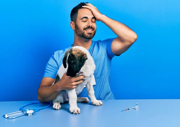 Handsome Hispanic Veterinary Man Beard Checking Dog Health Smiling Confident — Fotografia de Stock