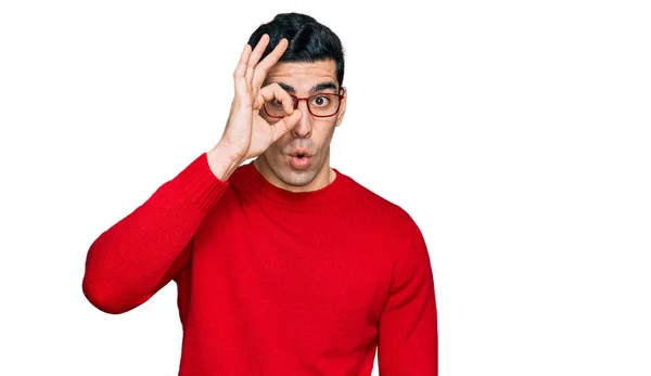 Handsome Hispanic Man Wearing Casual Clothes Glasses Doing Gesture Shocked — Stock Photo, Image