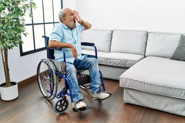 Handsome Senior Man Sitting Wheelchair Living Room Shouting Screaming Loud — Stockfoto