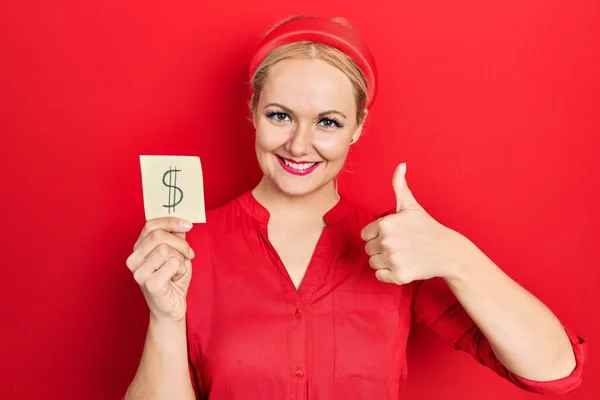 Young Blonde Woman Holding Dollar Symbol Reminder Paper Smiling Happy — Foto de Stock