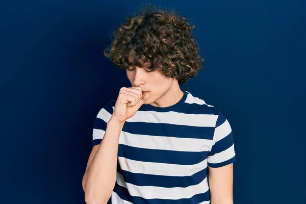 Handsome Young Man Wearing Casual Striped Shirt Feeling Unwell Coughing — Foto Stock