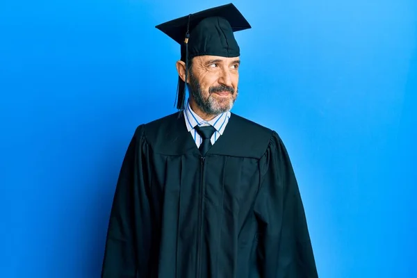 Middle Age Hispanic Man Wearing Graduation Cap Ceremony Robe Smiling — Zdjęcie stockowe