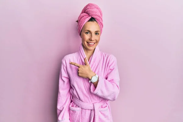 Young Blonde Woman Wearing Shower Towel Cap Bathrobe Cheerful Smile — 스톡 사진