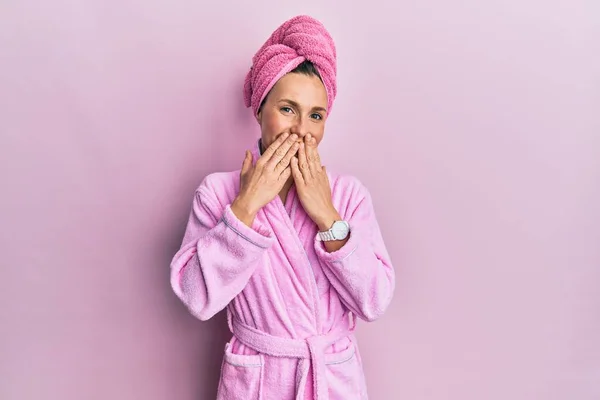 Young Blonde Woman Wearing Shower Towel Cap Bathrobe Laughing Embarrassed — 스톡 사진