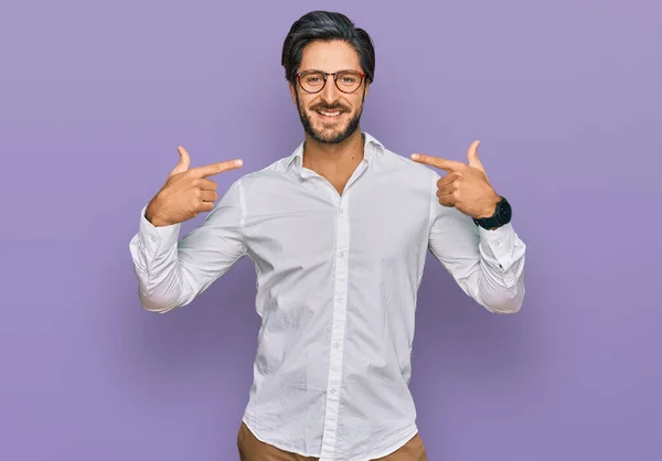 Young Hispanic Man Wearing Business Shirt Glasses Smiling Cheerful Showing — Stockfoto