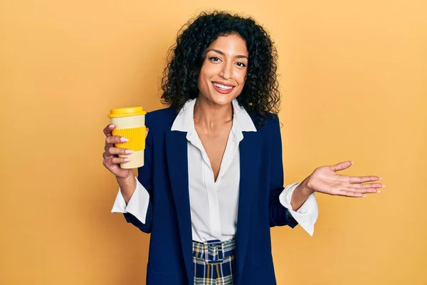 Young Latin Girl Wearing Business Style Drinking Cup Coffee Celebrating — Stok fotoğraf