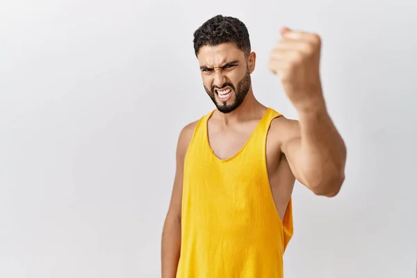 Young Handsome Man Beard Standing Isolated Background Angry Mad Raising — Stok fotoğraf
