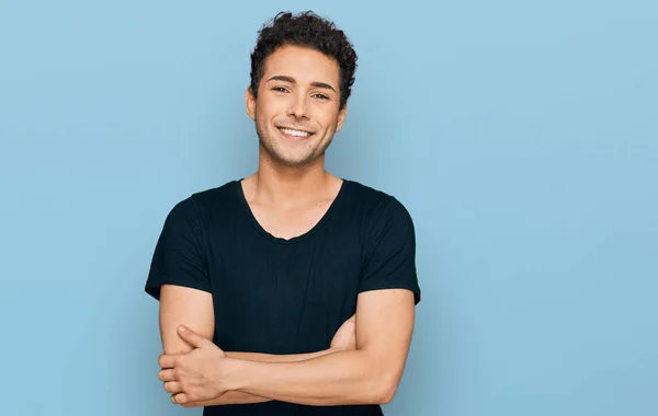 Young Handsome Man Wearing Casual Black Shirt Happy Face Smiling — Foto Stock