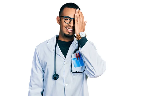 Young African American Man Wearing Doctor Uniform Stethoscope Covering One — 스톡 사진