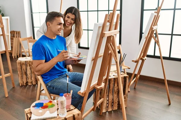 Estudante Professor Sorrindo Pintura Feliz Escola Arte — Fotografia de Stock