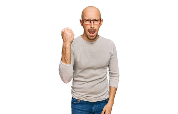 Bald Man Beard Wearing Casual Clothes Glasses Angry Mad Raising —  Fotos de Stock