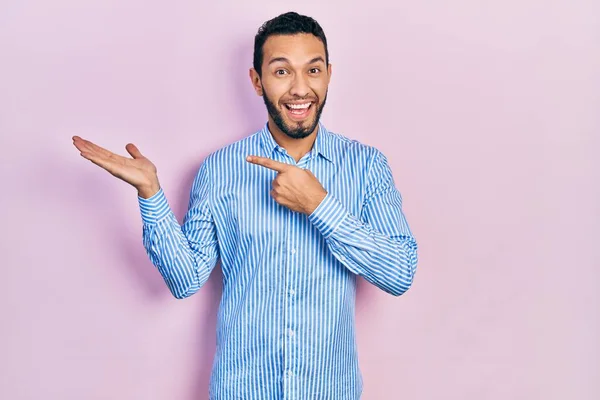 Hispanic Man Beard Wearing Casual Blue Shirt Amazed Smiling Camera — Fotografia de Stock