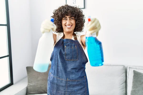 Young Middle East Woman Smiling Confident Holding Cleaning Sprayer Home — Fotografia de Stock