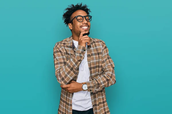 Young African American Man Beard Wearing Casual Clothes Glasses Looking — 스톡 사진