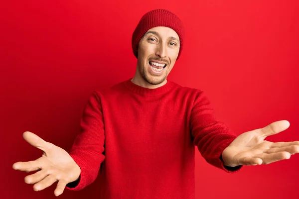 Bald Man Beard Wearing Wool Sweater Winter Hat Looking Camera — Stock Fotó