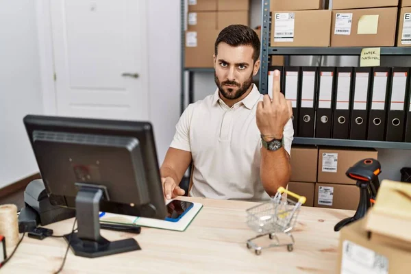 Handsome Hispanic Man Working Small Business Commerce Showing Middle Finger — Stockfoto
