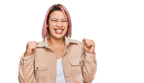 Hispanic Woman Pink Hair Wearing Casual Clothes Excited Success Arms — Stok fotoğraf