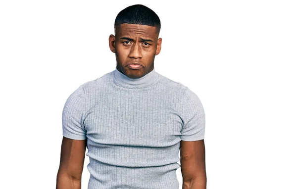 Young Black Man Wearing Casual Shirt Depressed Worry Distress Crying — Stock Photo, Image