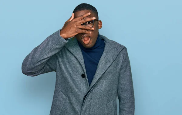 Young African American Man Wearing Business Clothes Glasses Peeking Shock — Stock fotografie