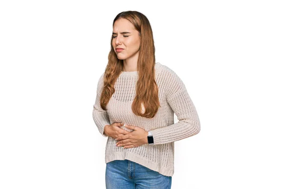 Young Blonde Woman Wearing Casual Clothes Hand Stomach Because Nausea — Stock Photo, Image