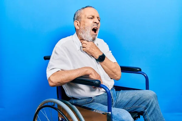 Handsome Senior Man Beard Sitting Wheelchair Touching Painful Neck Sore — ストック写真