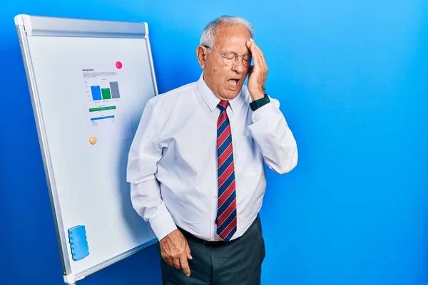 Senior Man Grey Hair Standing Business Blackboard Yawning Tired Covering — Photo