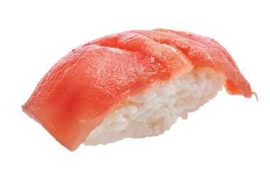  Tek somon nigiri sushi beyaz arka planda izole edilmiş.