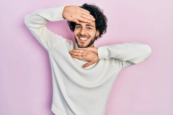 Handsome Hispanic Man Wearing Casual White Sweater Smiling Cheerful Playing — Stockfoto