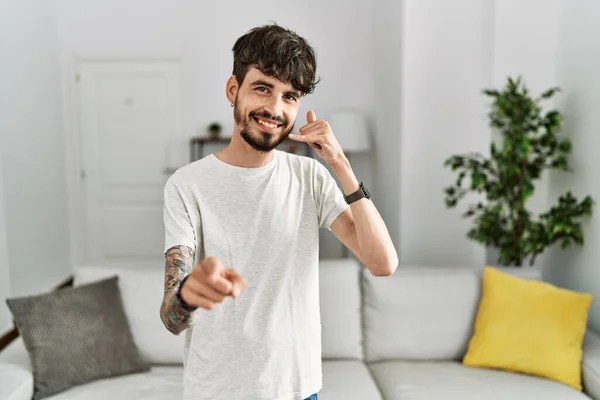 Hispanic Man Beard Living Room Home Smiling Doing Talking Telephone — 스톡 사진