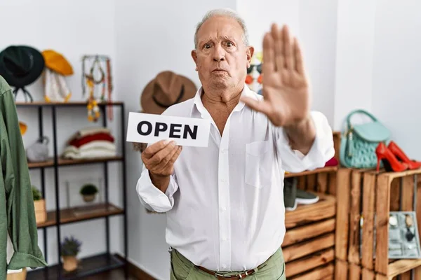 Senior Man Holding Banner Open Text Retail Shop Open Hand — Stockfoto