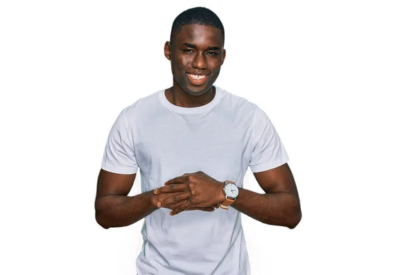 Young African American Man Wearing Casual White Shirt Hands Together — Foto de Stock