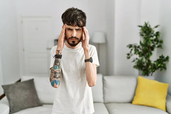 Hispanic Man Beard Living Room Home Hand Head Headache Because — Stockfoto