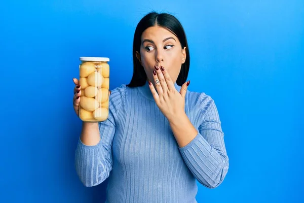 Beautiful Brunette Woman Holding Bottle Boiled Potatoes Covering Mouth Hand — Foto Stock