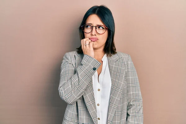 Young Hispanic Woman Wearing Business Clothes Glasses Looking Stressed Nervous — Stock Photo, Image