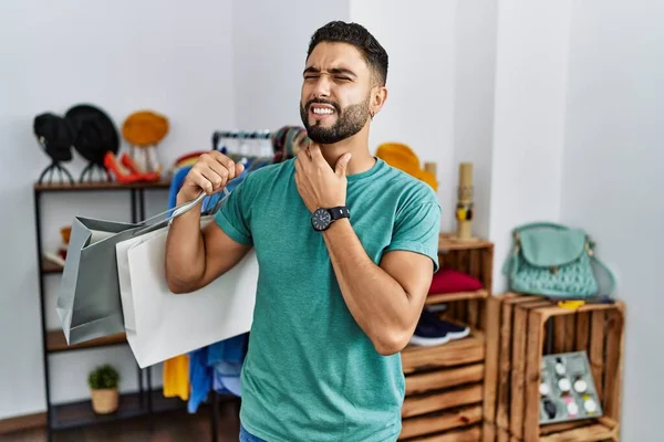 Young Handsome Man Beard Holding Shopping Bags Retail Shop Touching — Stockfoto