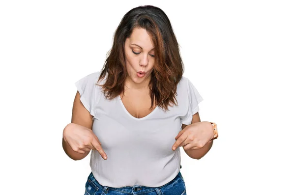 Young Size Woman Wearing Casual White Shirt Pointing Fingers Showing — Stok fotoğraf