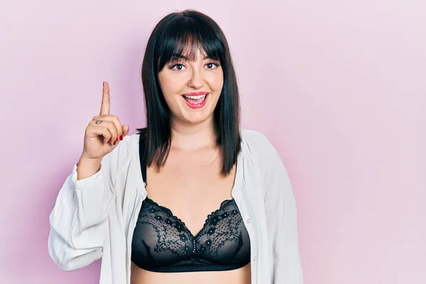 Young Hispanic Woman Wearing Lingerie Pointing Finger Successful Idea Exited — Stock Photo, Image