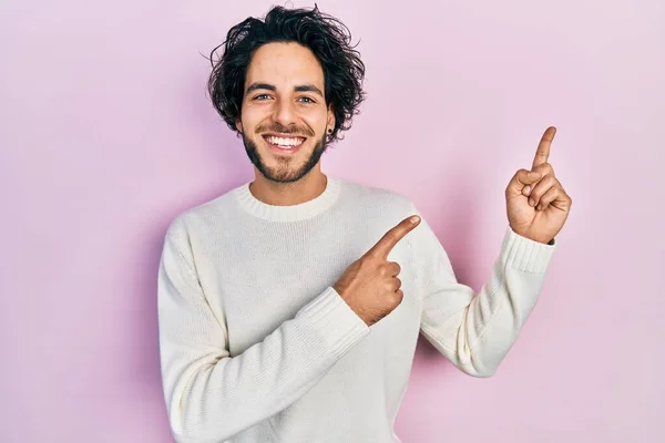 Handsome Hispanic Man Wearing Casual White Sweater Smiling Looking Camera — Fotografia de Stock