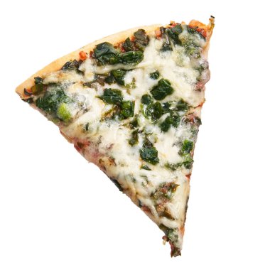  Beyaz arka planda izole edilmiş ıspanaklı İtalyan pizzası.