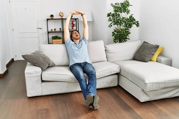 Middle Age Caucasian Man Relaxed Hands Head Sitting Sofa Home — Stock Photo, Image