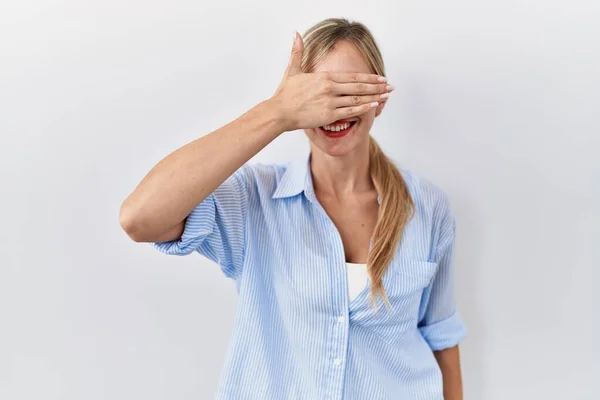 Beautiful Blonde Woman Standing White Background Smiling Laughing Hand Face — Stock Photo, Image