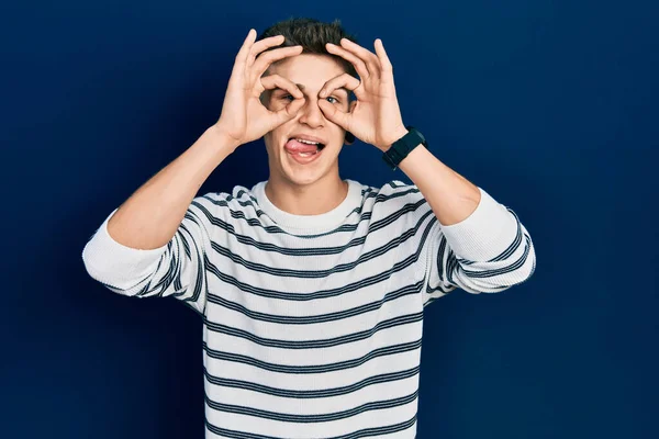 Young Caucasian Boy Ears Dilation Wearing Casual Striped Shirt Doing — Stock Photo, Image