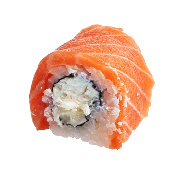 白を背景に孤立した一匹の鮭の裏巻き寿司 — ストック写真
