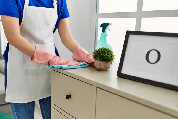 Woman Cleaning Table Using Rag Diffuser Home — Stock Photo, Image