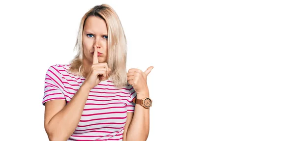 Young Caucasian Woman Wearing Casual Clothes Asking Quiet Finger Lips — Stock Photo, Image