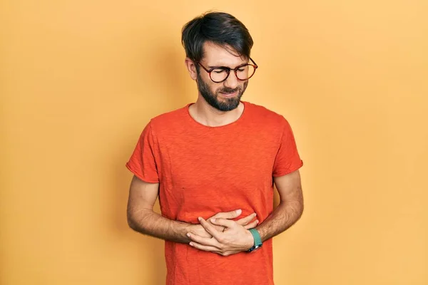 Young Hispanic Man Wearing Casual Clothes Glasses Hand Stomach Because — Stock Photo, Image