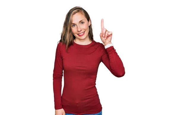 Young Blonde Woman Wearing Casual Clothes Pointing Finger Successful Idea — Stock Photo, Image