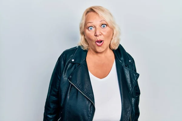 Middle Age Blonde Woman Wearing Leather Jacket Afraid Shocked Surprise — Stock Photo, Image