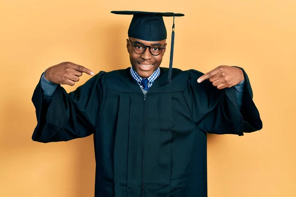 Young African American Man Wearing Graduation Cap Ceremony Robe Looking — Stock Photo, Image